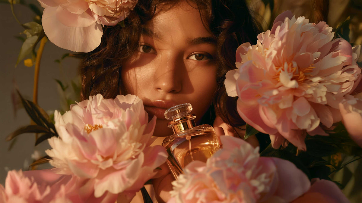 Woman peeking through pink peonies holding a luxury perfume bottle.