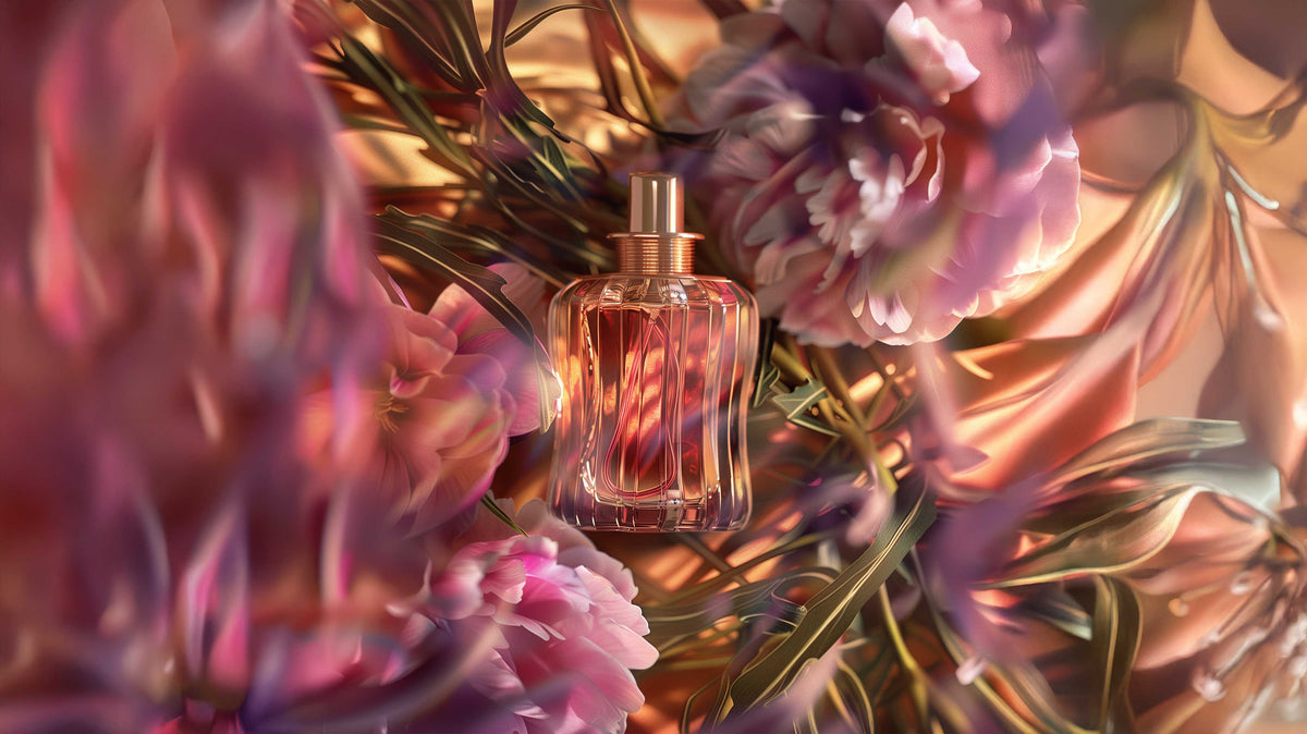Luxury pink eau de parfum surrounded by soft pink peonies and lush green leaves.