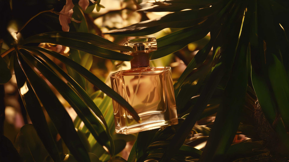 Luxury gold eau de parfum in a clear glass bottle nestled among tropical palm leaves