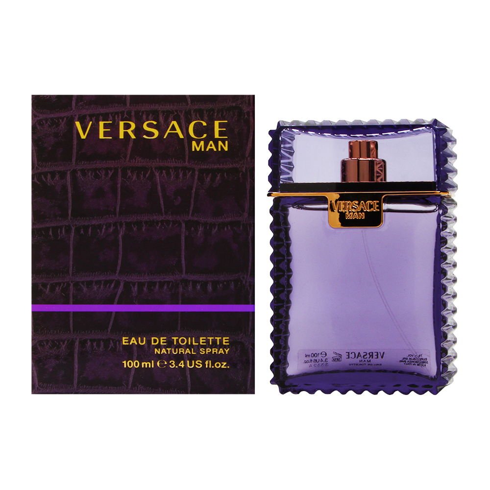 Versace Man Eau de Toilette Natural Spray 100 ml e 3.4 US fl.oz. in a purple glass bottle
